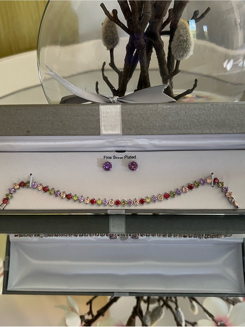 Fine Silver Plated Multicolor Crystal Bracelet with Matching Purple Studs
